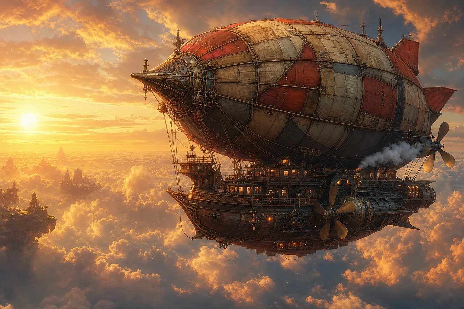 Steampunk airship above golden clouds