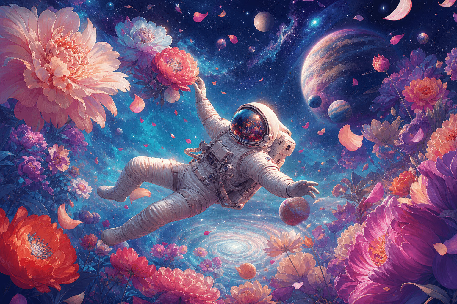 Surreal astronaut among cosmic flowers