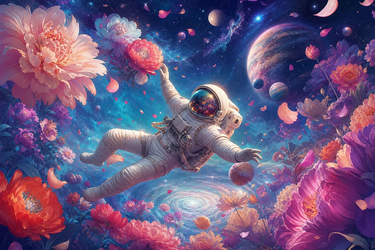 Surreal astronaut among cosmic flowers