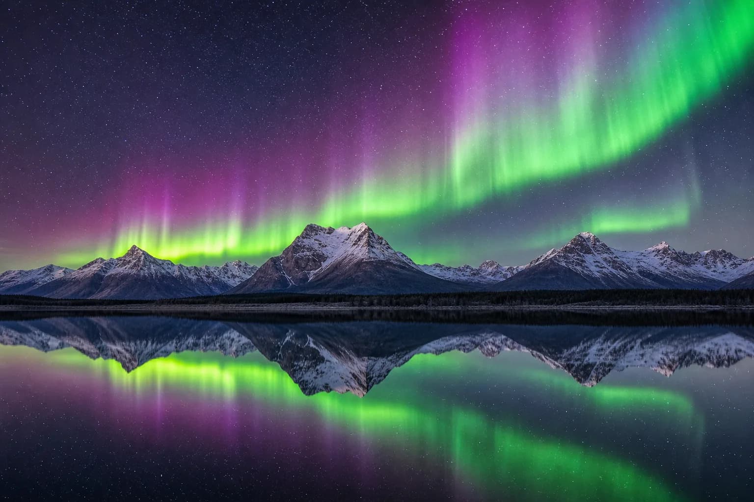 Aurora borealis over a mountain lake