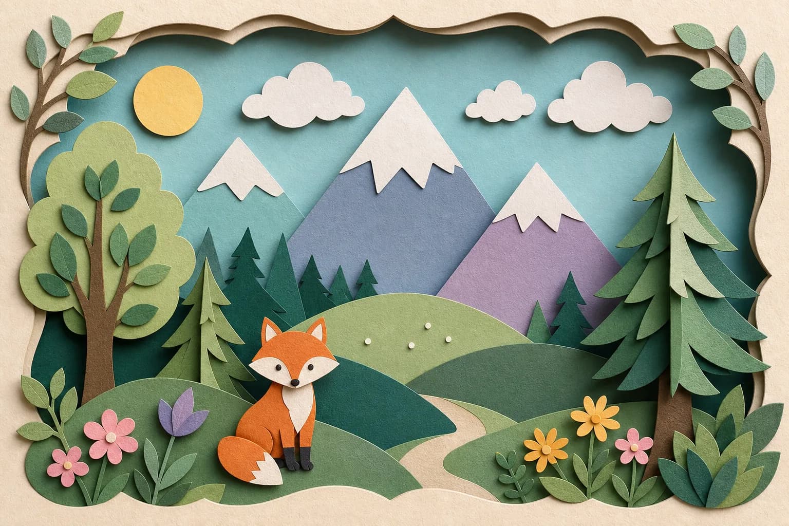 Papercraft forest with a fox