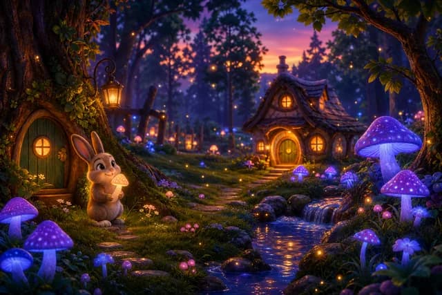 3D style — a magical forest clearing with glowing mushrooms