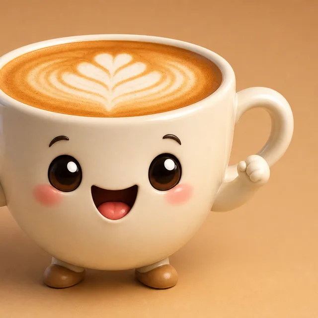 3D style — a smiling coffee cup character with a cute face