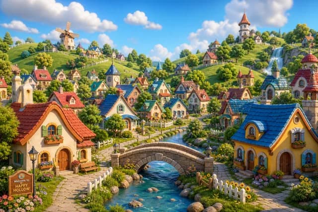 3D style — a cozy stylized cartoon village with rolling green hills