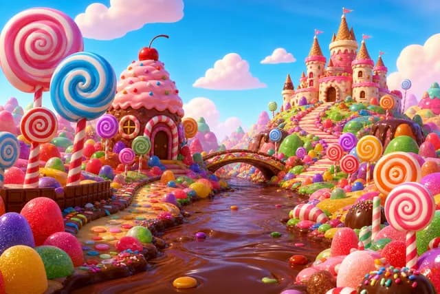 3D style — a colorful candy land with lollipop trees
