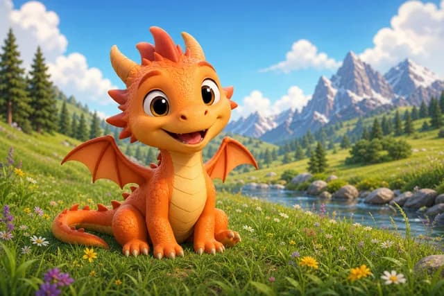 3D style — a friendly cartoon dragon in a green meadow