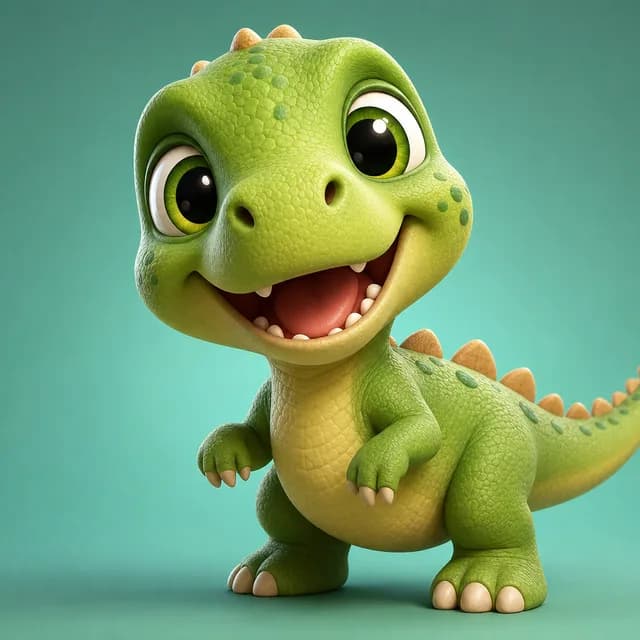 3D style — a cute baby dinosaur with big sparkly eyes