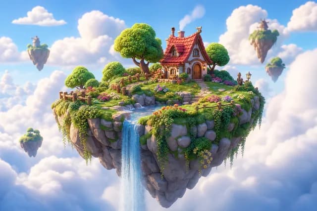 3D style — a whimsical floating island with a tiny cottage