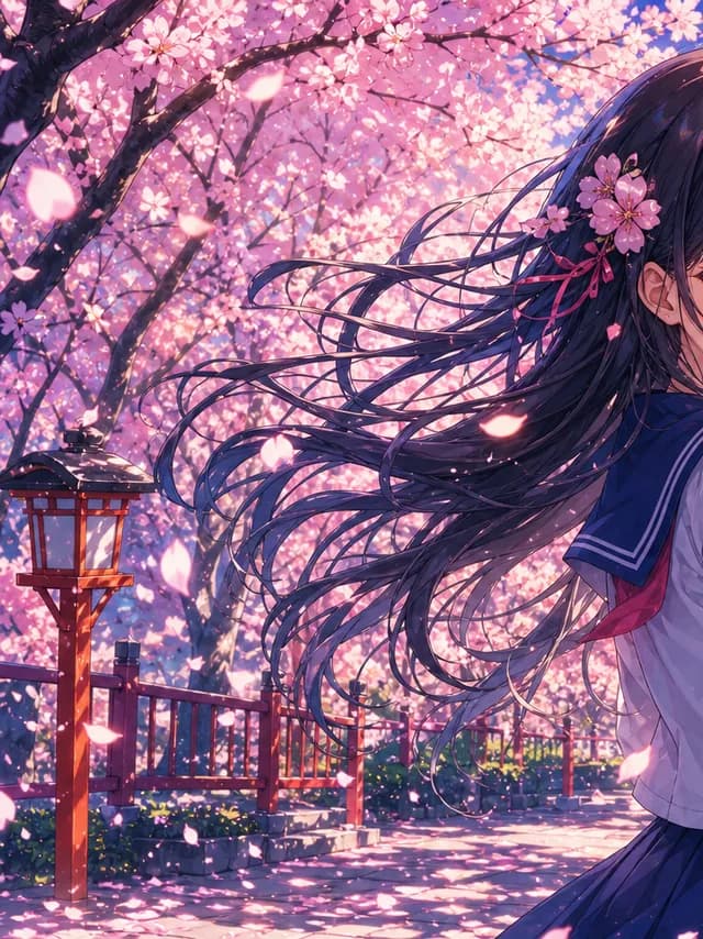 Anime style — a teenage girl with long flowing hair under blooming cherry blossom trees