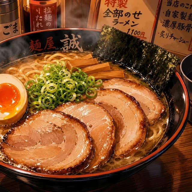 Anime style — a steaming bowl of ramen with egg and pork, close-up