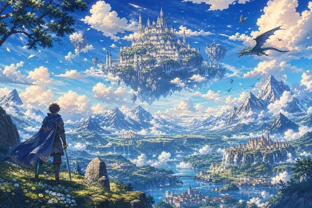 Anime style — an epic mountain landscape with a floating castle in the clouds