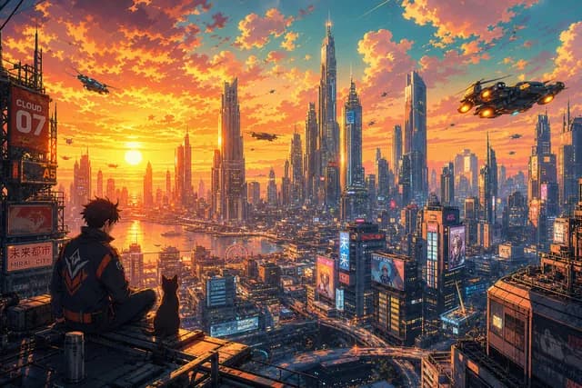 Anime style — a futuristic city skyline at golden sunset