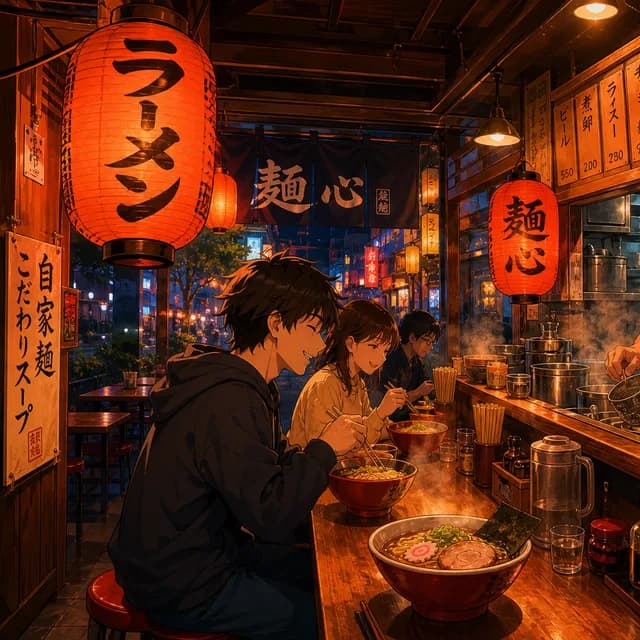 Anime style — a cozy ramen shop interior glowing at night