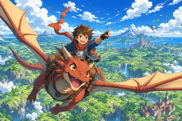 Anime style — a boy and a small friendly dragon flying over green hills