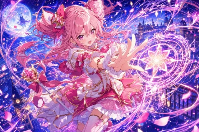 Anime style — a magical girl casting a glowing spell with swirling sparkles