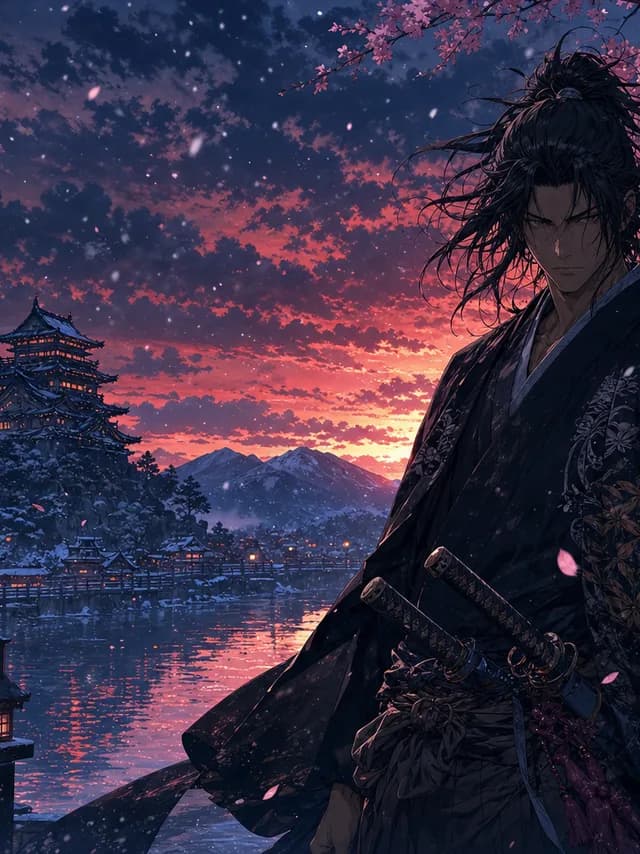Anime style — a lone samurai standing calmly in falling snow