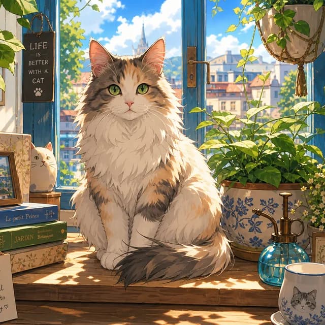 Anime style — a fluffy cat on a sunny windowsill surrounded by plants