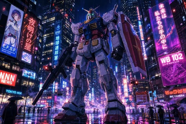 Anime style — a giant mecha robot in a neon-lit city street at night