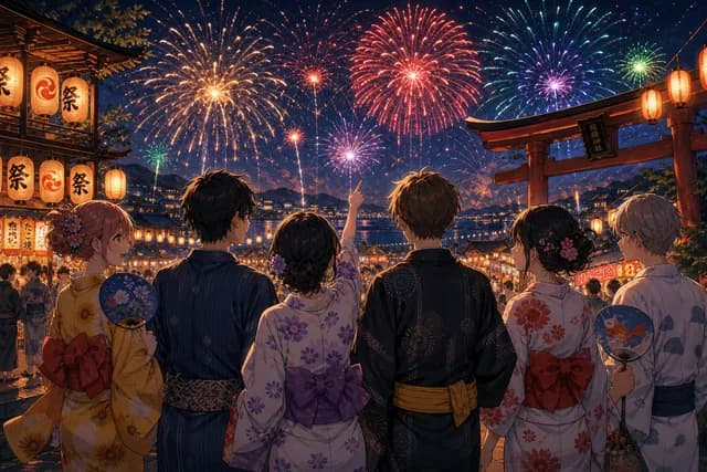 Anime style — friends in summer yukata watching fireworks at a festival