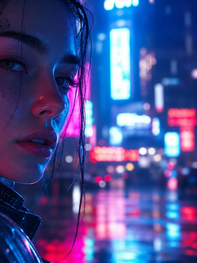Cyberpunk style — a young woman with neon reflections and cybernetic implants