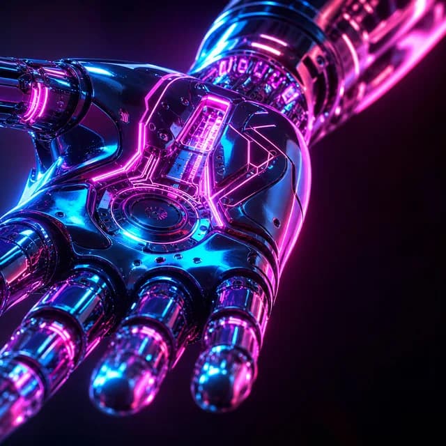 Cyberpunk style — a close-up of a cybernetic robotic hand with glowing circuitry