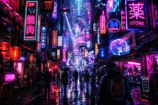 Cyberpunk style — a narrow alleyway packed with glowing holographic signs