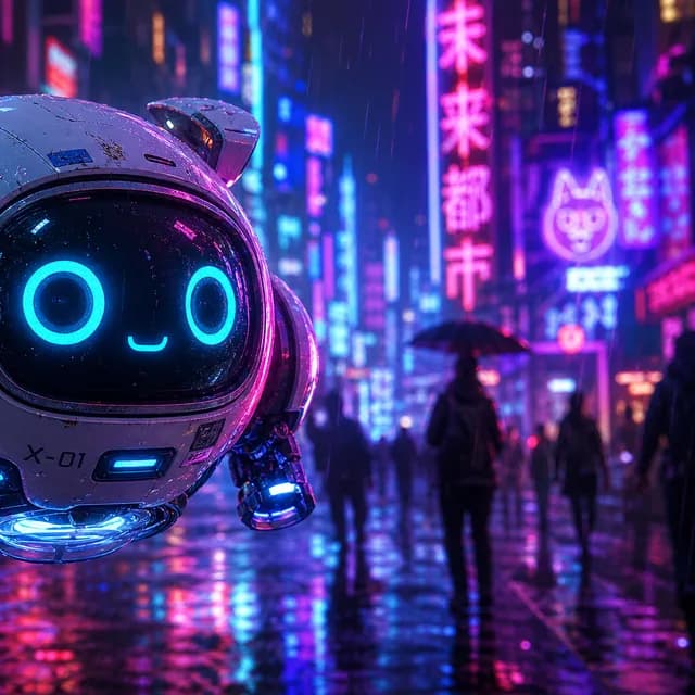 Cyberpunk style — a cute companion robot drone with glowing neon eyes