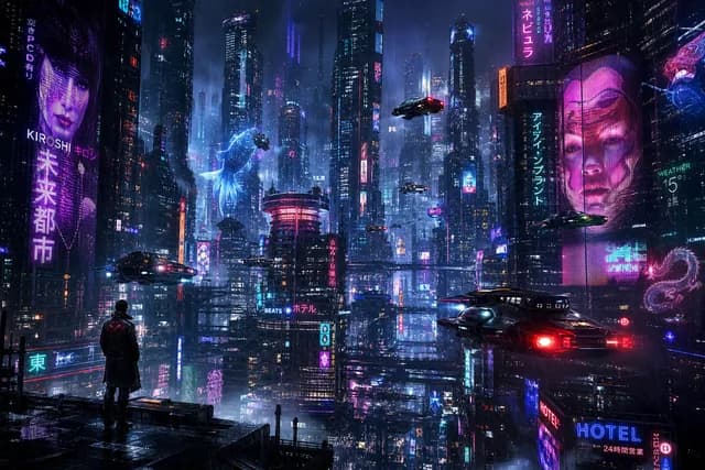 Cyberpunk style — a sprawling neon city skyline with flying vehicles