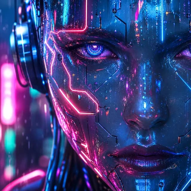 Cyberpunk style — a close-up of an android face with glowing circuits
