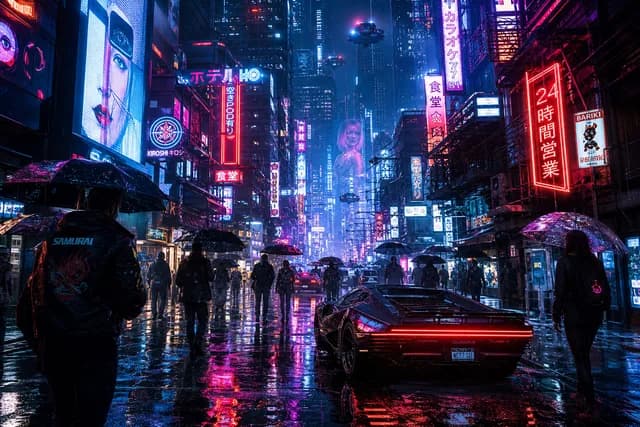 Cyberpunk style — a rain-slicked street with vivid neon signs and umbrellas
