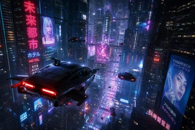 Cyberpunk style — flying cars weaving between towering neon skyscrapers