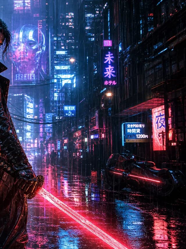Cyberpunk style — a street samurai with a glowing katana in a neon alley