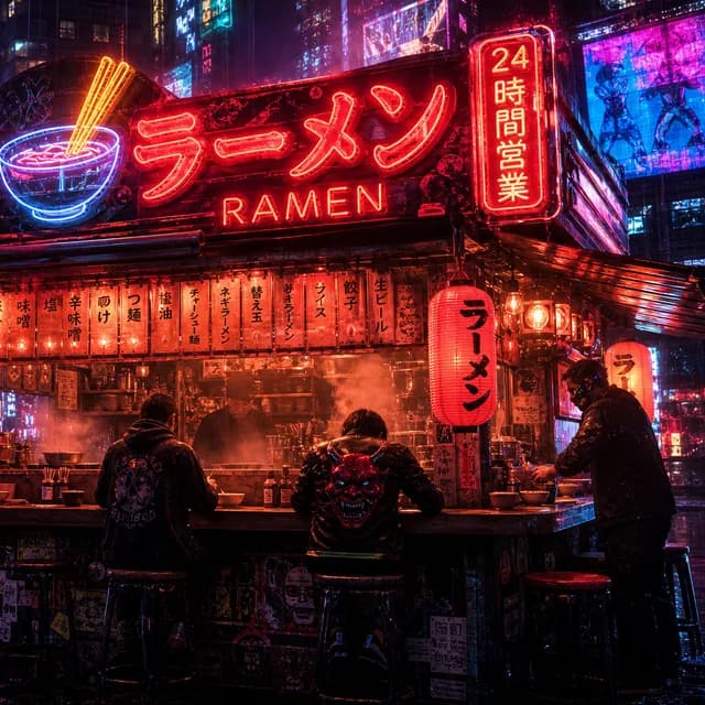 Cyberpunk style — a glowing neon ramen food stall with steam at night