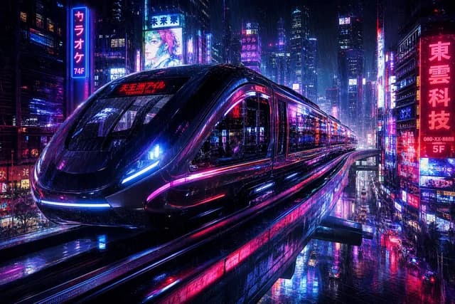 Cyberpunk style — a futuristic monorail train speeding through the city