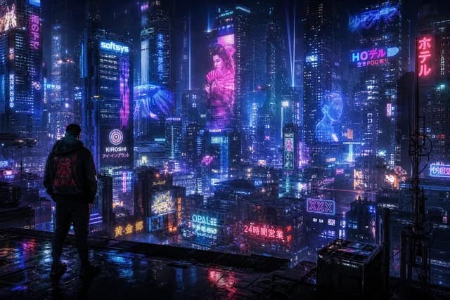 Cyberpunk style — a rooftop view over a vast neon megacity