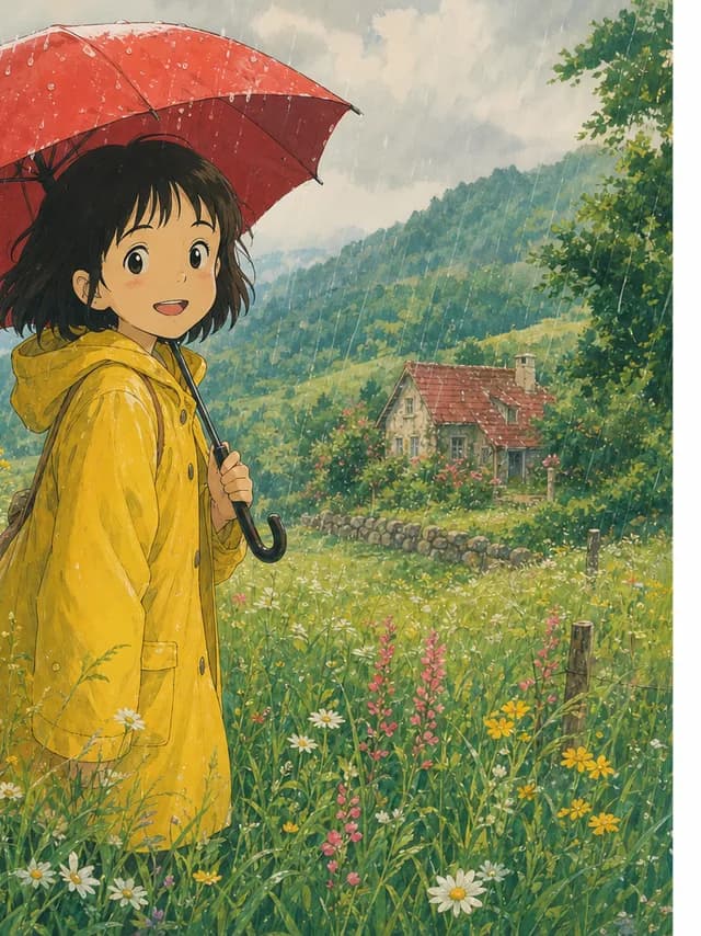 Ghibli style — a young girl in a yellow raincoat holding a red umbrella in a rainy wildflower meadow