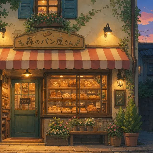 Ghibli style — a charming little bakery storefront with warm glowing lights at dusk