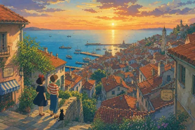 Ghibli style — a coastal village with terracotta rooftops above a calm blue sea at sunset