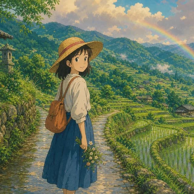 Ghibli style — a girl in a straw hat on a path through terraced rice fields after the rain with a faint rainbow