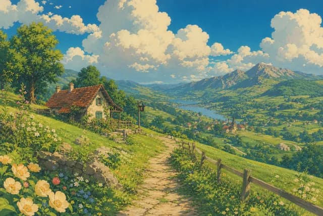 Ghibli style — a sweeping green valley with a small cottage and big floating clouds