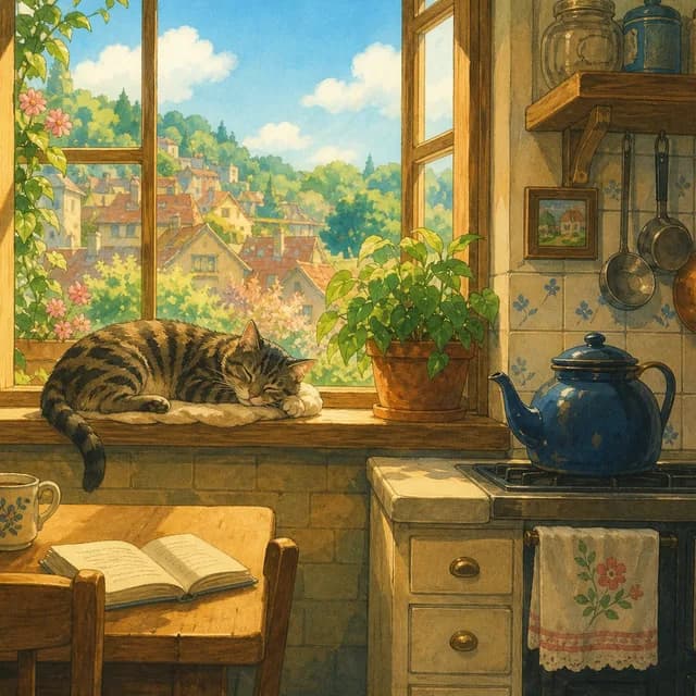 Ghibli style — a cozy sunlit kitchen with a tabby cat napping on the windowsill