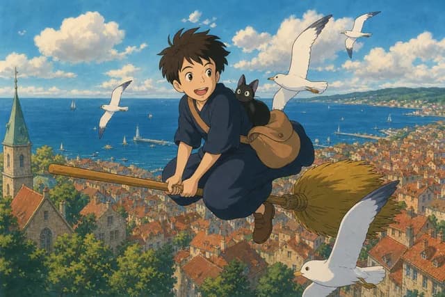 Ghibli style — a young boy flying on a broomstick above a seaside town with red rooftops