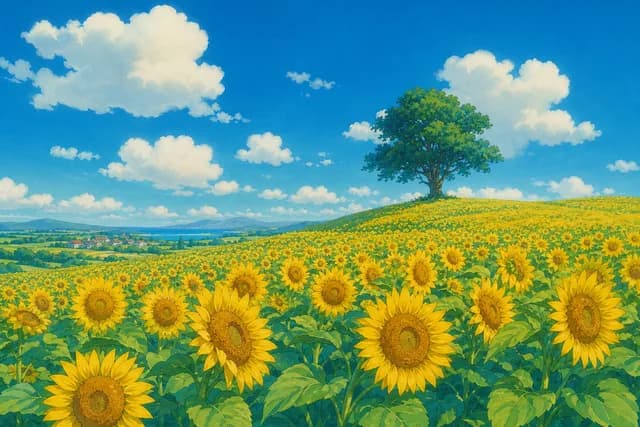 Ghibli style — a vast field of sunflowers under a big bright blue sky