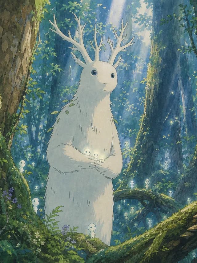 Ghibli style — a gentle white forest spirit among ancient mossy trees with glowing sprites