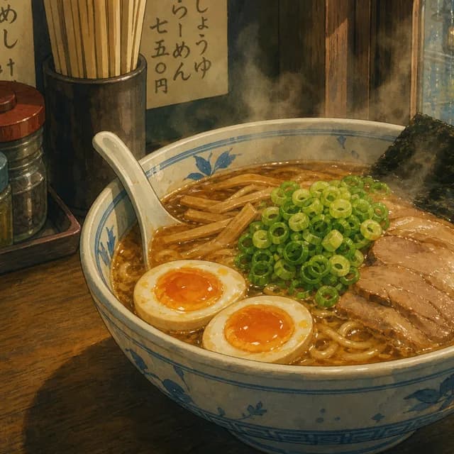 Ghibli style — a steaming bowl of ramen with egg and scallions by a rainy window