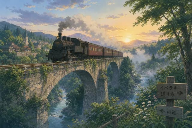 Ghibli style — an old steam train crossing a stone bridge over a misty river valley at dawn