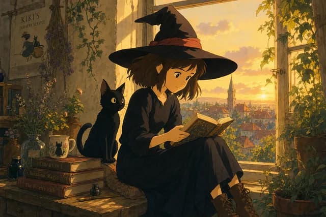 Ghibli style — a young witch reading a book on a sunny windowsill with her black cat