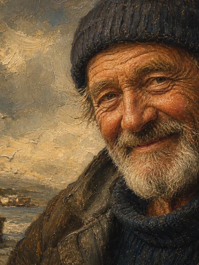 Oil Painting style — a weathered old fisherman with a kind smiling face