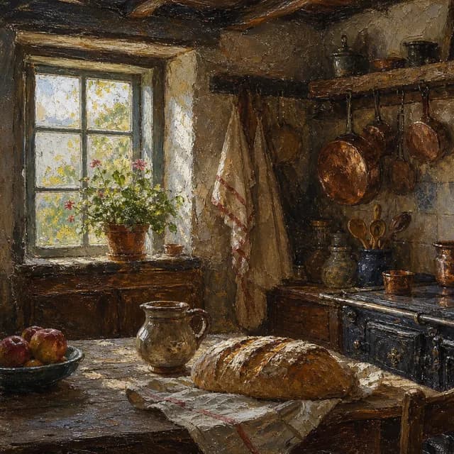 Oil Painting style — a rustic farmhouse kitchen with hanging copper pots