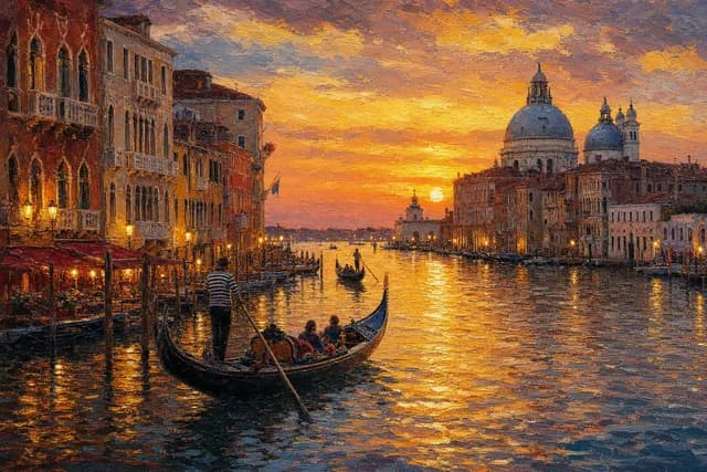 Oil Painting style — a Venetian canal with gondolas at golden sunset